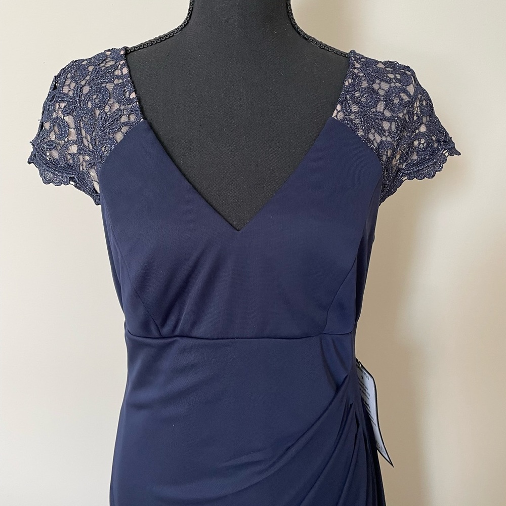 X scape Navy Blue Formal Full Length Gown with Sparkle Lace Cap Sleeves